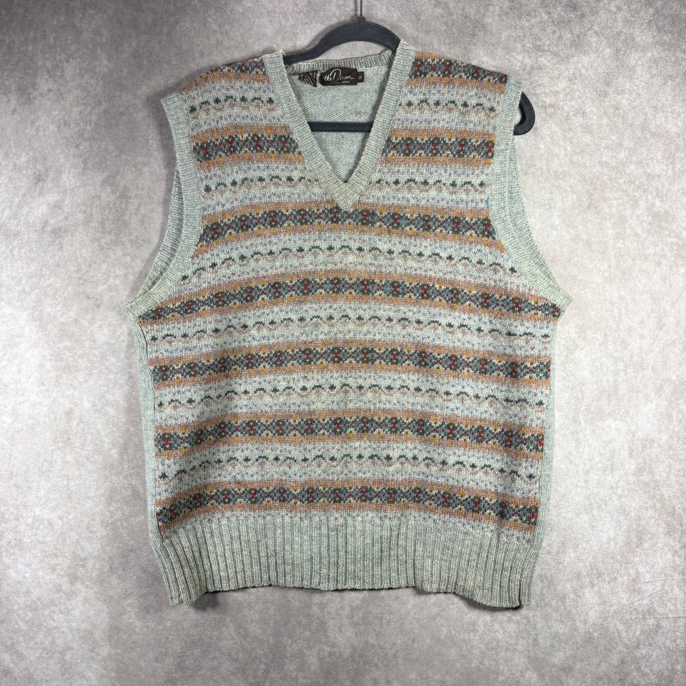 The Denver Sweater Vest Mens‎ XL Gray Fair Isle Private Stock Virgin Wool V-Neck
